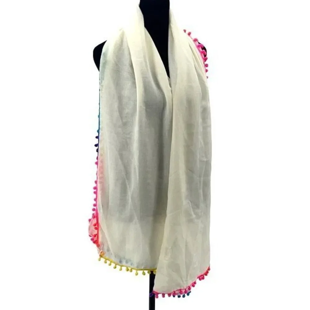 Lara Ethnics‎ Rainbow Pompom Scarf Cream Boho Colorful Light Weight